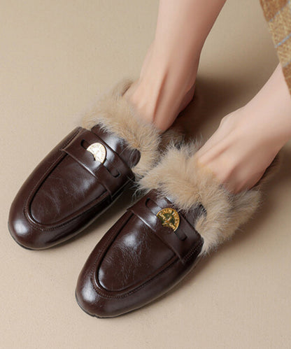 Brown Cowhide Leather Fuzzy Wool Lined Splicing Loafers Slippers OM018 ABC