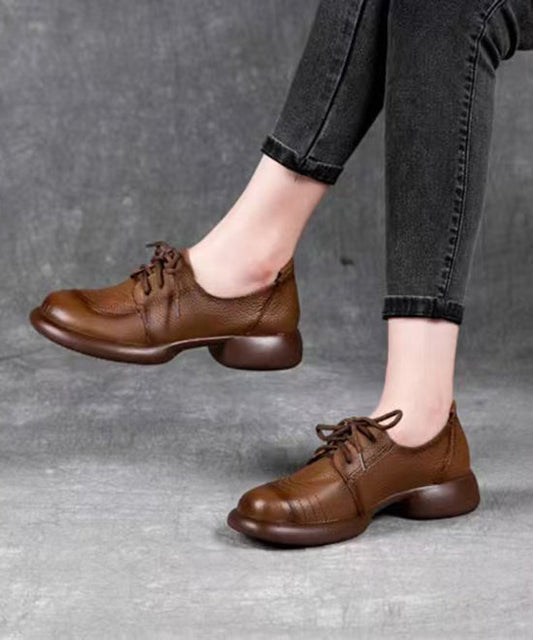 For Brown Up Leather Splicing Cowhide Women Shoes Lace Flat FashionChic