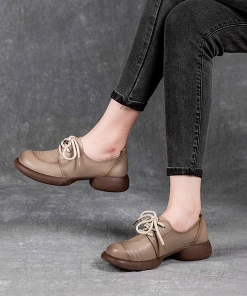 For Brown Up Leather Splicing Cowhide Women Shoes Lace Flat FashionChic