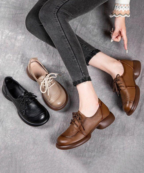 For Brown Up Leather Splicing Cowhide Women Shoes Lace Flat FashionChic