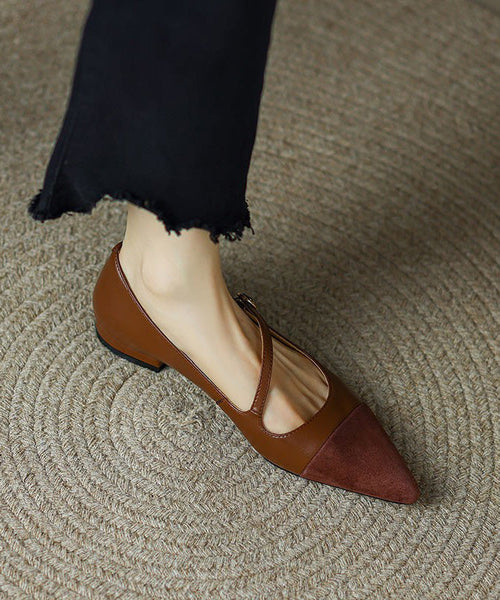 Toe Shoes Leather Splicing Pointed Flat Cowhide Brown French FashionChic