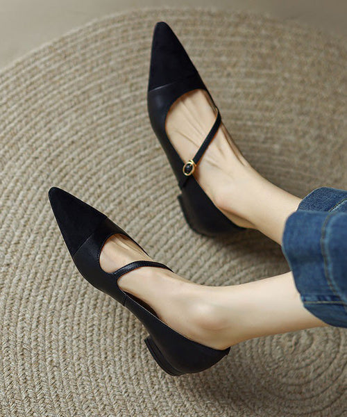 Toe Shoes Leather Splicing Pointed Flat Cowhide Brown French FashionChic