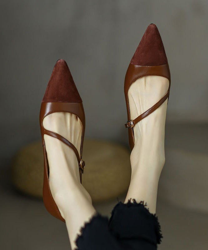 Toe Shoes Leather Splicing Pointed Flat Cowhide Brown French FashionChic