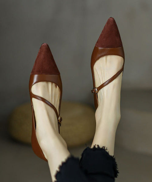 Toe Shoes Leather Splicing Pointed Flat Cowhide Brown French FashionChic
