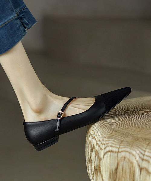 Toe Shoes Leather Splicing Pointed Flat Cowhide Brown French FashionChic