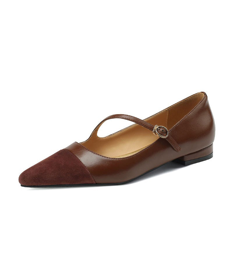 Toe Shoes Leather Splicing Pointed Flat Cowhide Brown French FashionChic