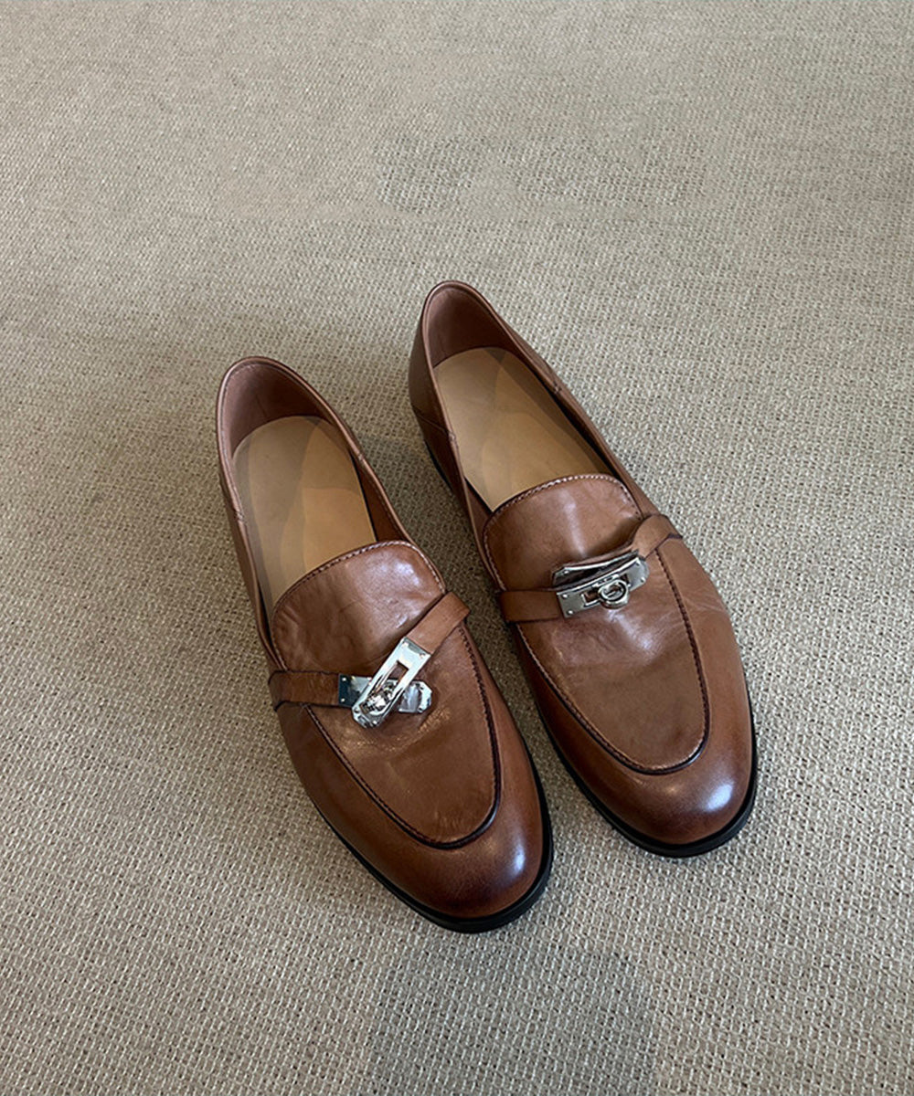 Loafers Splicing Leather Brown Cowhide For Women FashionChic