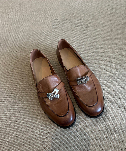 Loafers Splicing Leather Brown Cowhide For Women FashionChic