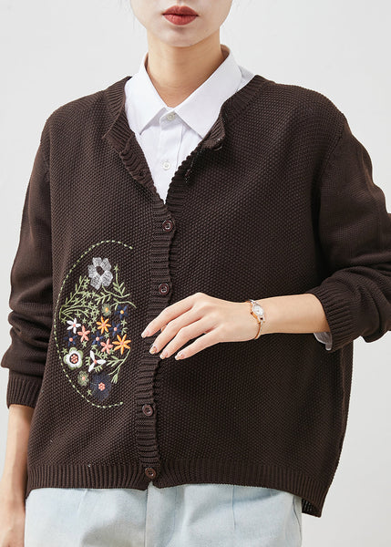 Brown Cozy Knit Cardigan Embroidered Spring YU1044 Ada Fashion