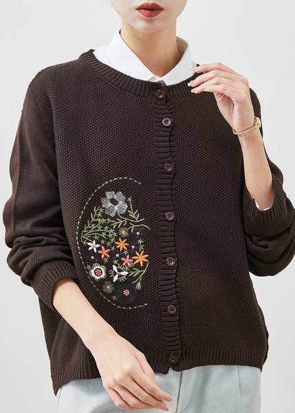Brown Cozy Knit Cardigan Embroidered Spring YU1044 Ada Fashion