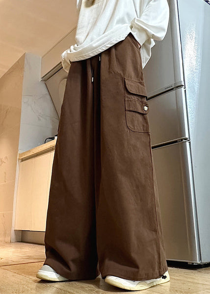 Pants Wide Leg Elastic Cotton Brown Waist Mens Drawstring Solid FashionChic