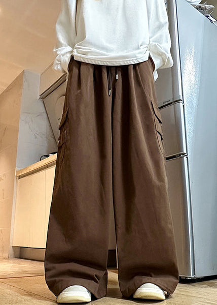 Pants Wide Leg Elastic Cotton Brown Waist Mens Drawstring Solid FashionChic