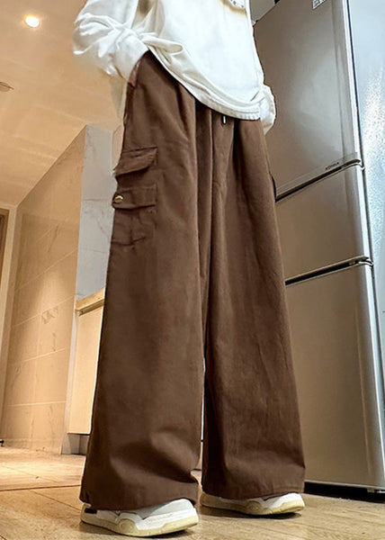 Pants Wide Leg Elastic Cotton Brown Waist Mens Drawstring Solid FashionChic