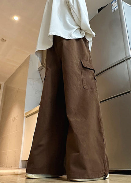 Pants Wide Leg Elastic Cotton Brown Waist Mens Drawstring Solid FashionChic