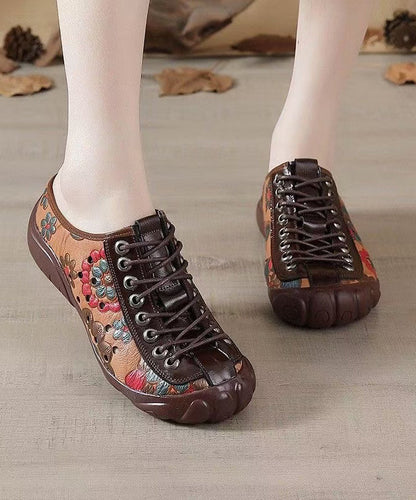Strap Cowhide Shoes Embossed Flat Splicing Cross Brown Leather FashionChic