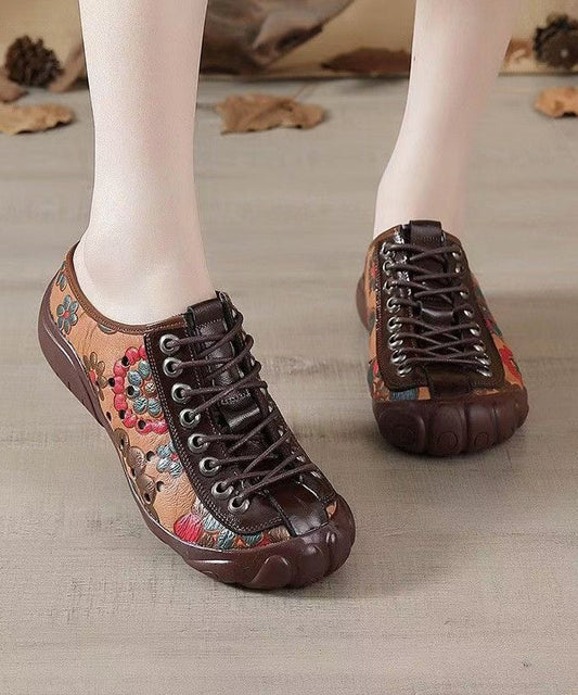 Strap Cowhide Shoes Embossed Flat Splicing Cross Brown Leather FashionChic