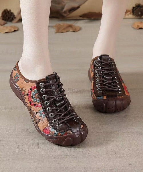 Strap Splicing Embossed Brown Shoes Cowhide Flat Leather Cross FashionChic