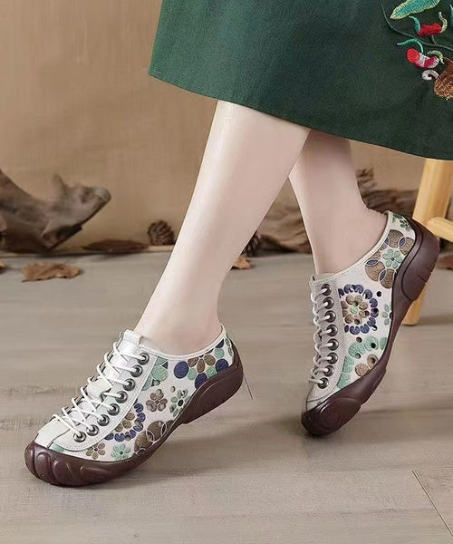 Strap Cowhide Shoes Embossed Flat Splicing Cross Brown Leather FashionChic