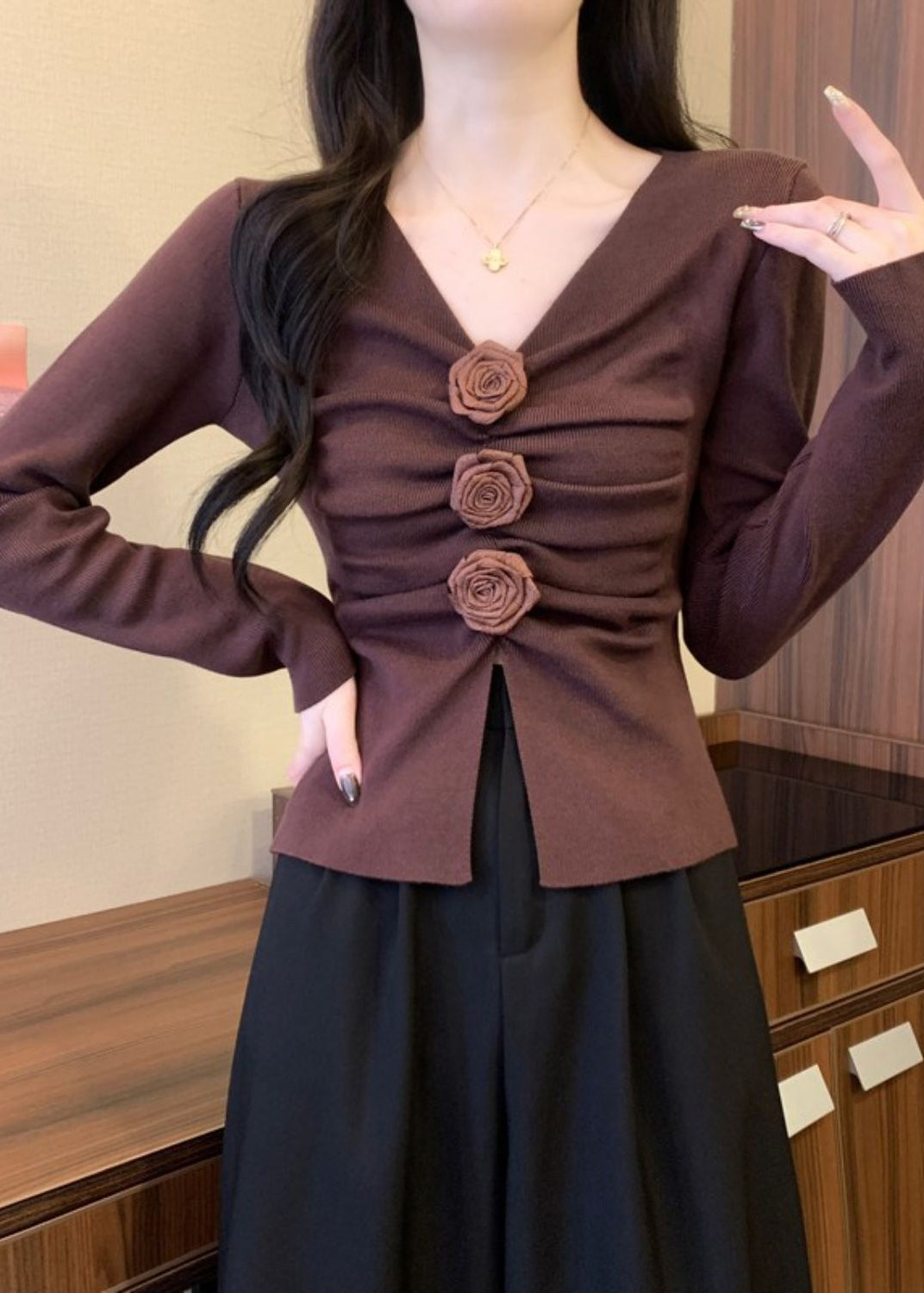 Brown Floral Knit Pullover Side Open Spring TM031 ABC