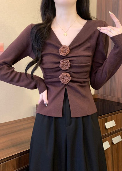 Brown Floral Knit Pullover Side Open Spring TM031 ABC