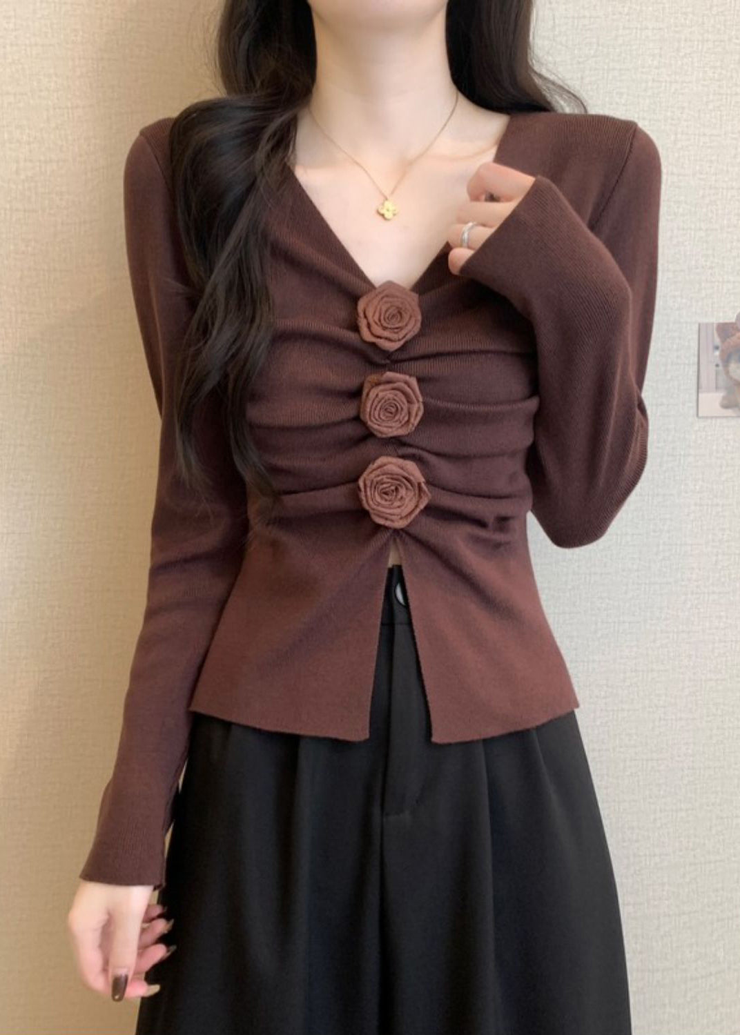 Brown Floral Knit Pullover Side Open Spring TM031 ABC