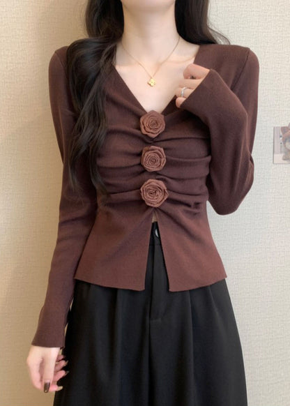 Brown Floral Knit Pullover Side Open Spring TM031 ABC