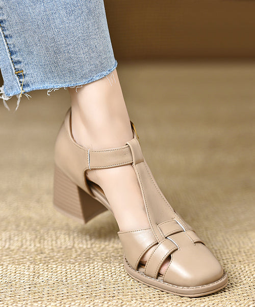 Hollow Cowhide Leather Out Splicing Chic Brown Chunky Sandals FashionChic