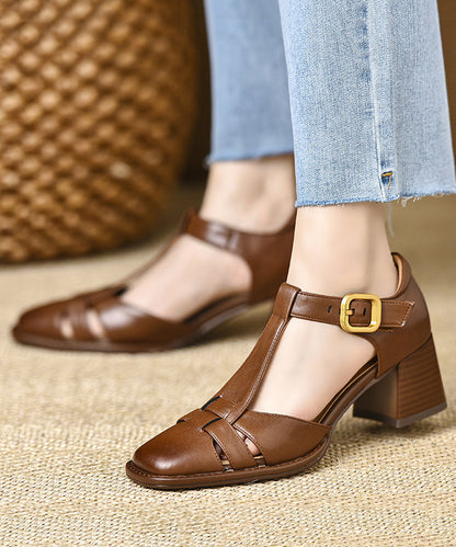 Hollow Cowhide Leather Out Splicing Chic Brown Chunky Sandals FashionChic