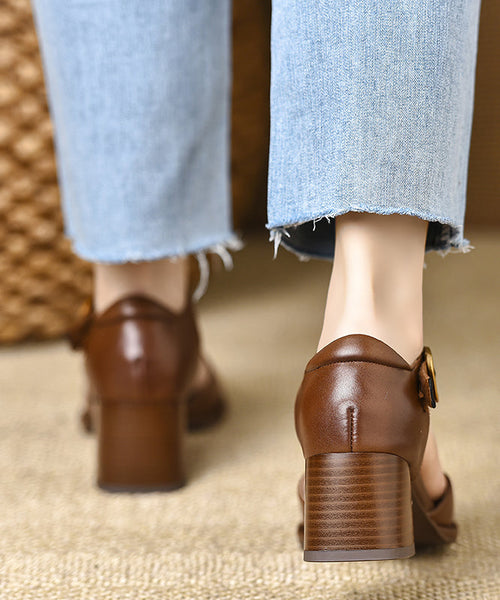 Hollow Cowhide Leather Out Splicing Chic Brown Chunky Sandals FashionChic