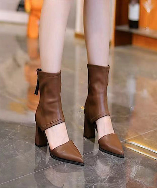 Brown Hollow Out Splicing Chunky Heel Boots Pointed Toe XC1017 Ada Fashion