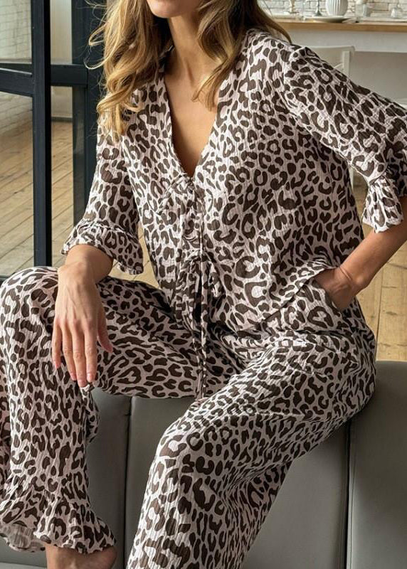 Lace Brown Sleeve Sets Cotton Print Flare Up Pajama Leopard FashionChic
