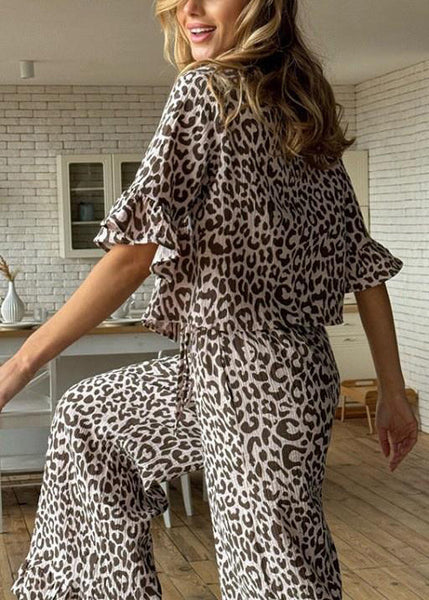 Lace Brown Sleeve Sets Cotton Print Flare Up Pajama Leopard FashionChic