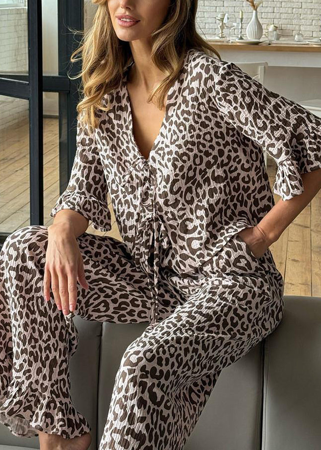 Lace Brown Sleeve Sets Cotton Print Flare Up Pajama Leopard FashionChic
