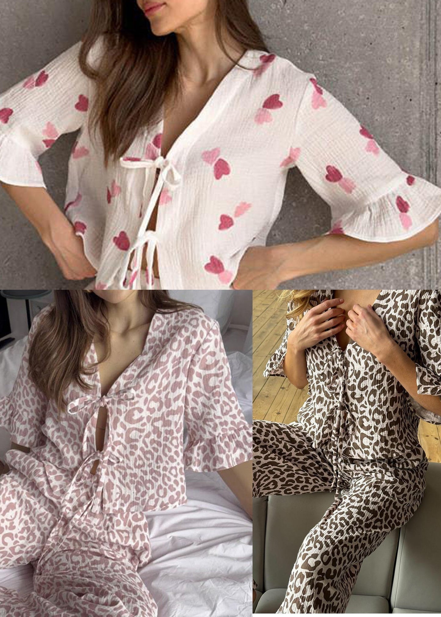 Lace Brown Sleeve Sets Cotton Print Flare Up Pajama Leopard FashionChic