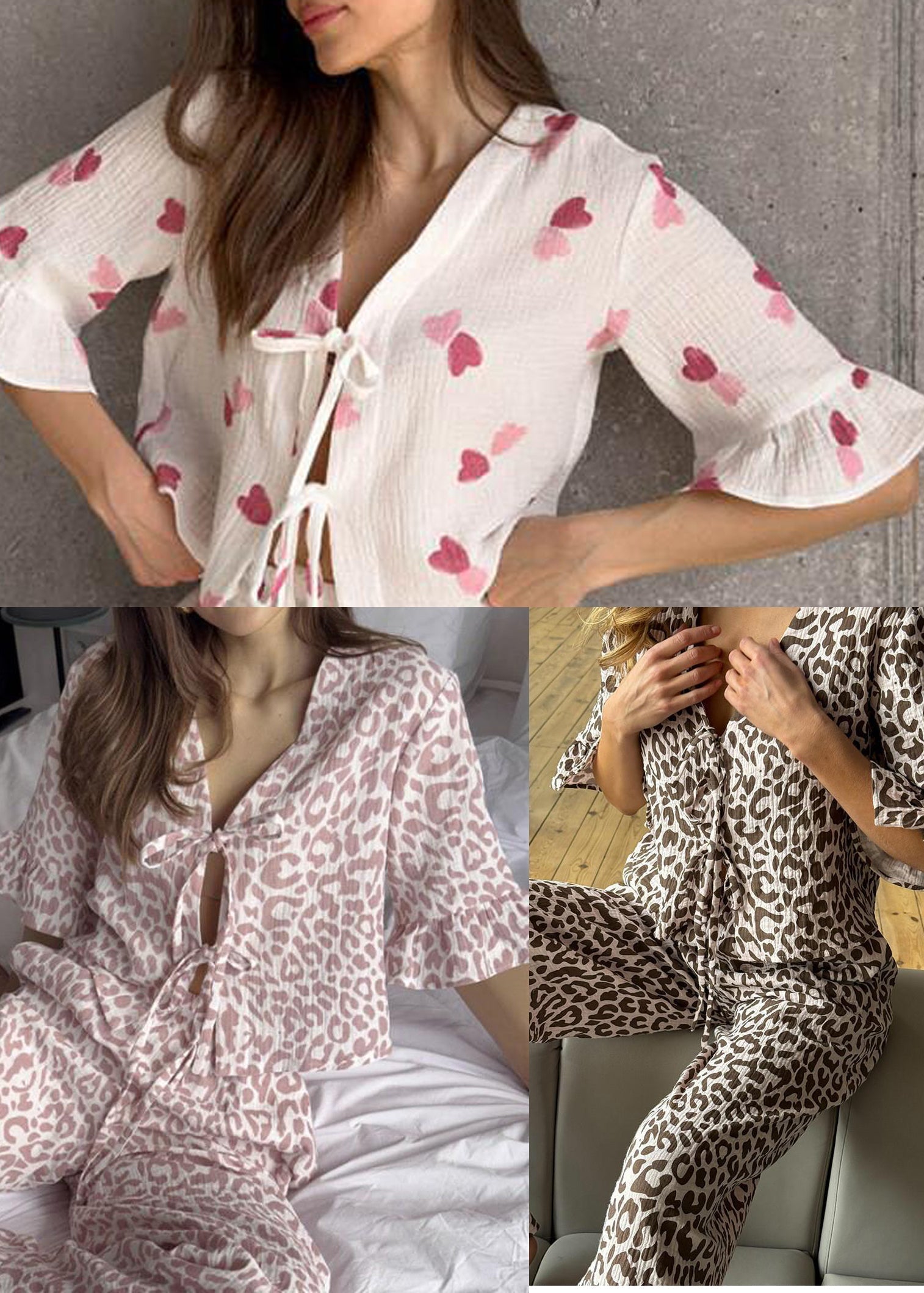 Lace Brown Sleeve Sets Cotton Print Flare Up Pajama Leopard FashionChic