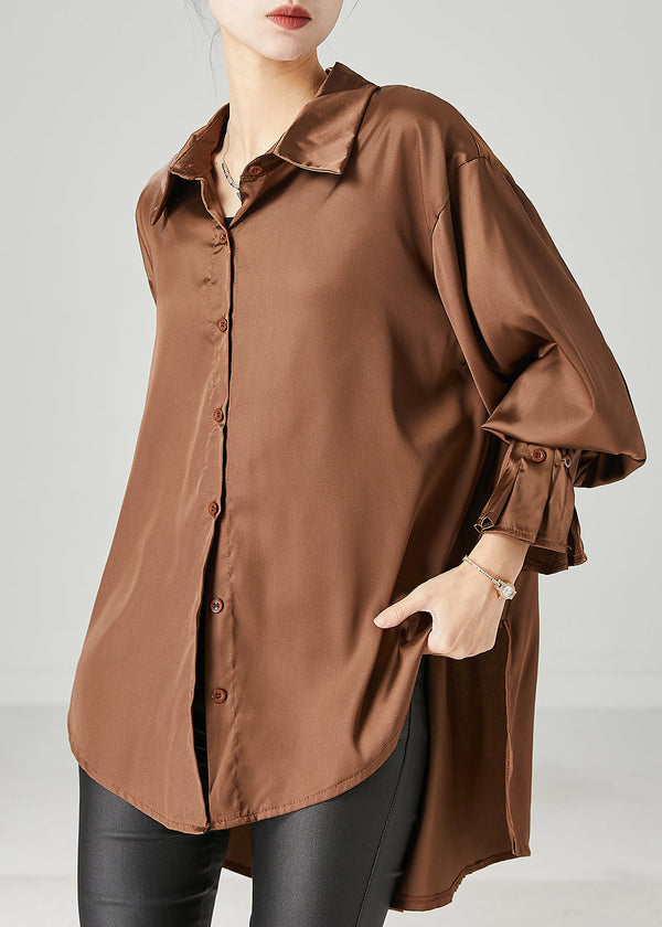 Brown Oversized Chiffon Blouse Low High Design Spring YU1052 Ada Fashion