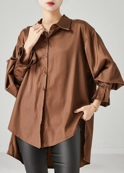 Brown Oversized Chiffon Blouse Low High Design Spring YU1052 Ada Fashion