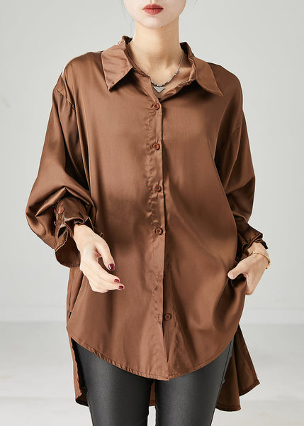 Brown Oversized Chiffon Blouse Low High Design Spring YU1052 Ada Fashion