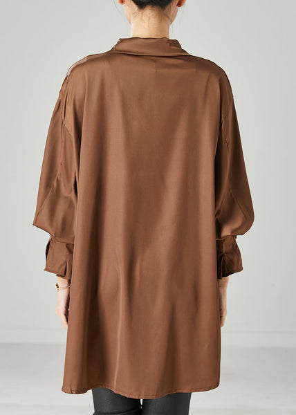 Brown Oversized Chiffon Blouse Low High Design Spring YU1052 Ada Fashion