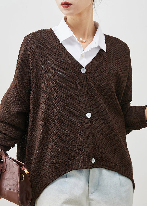 Brown Oversized Knit Loose Coat V Neck Spring YU1040 Ada Fashion