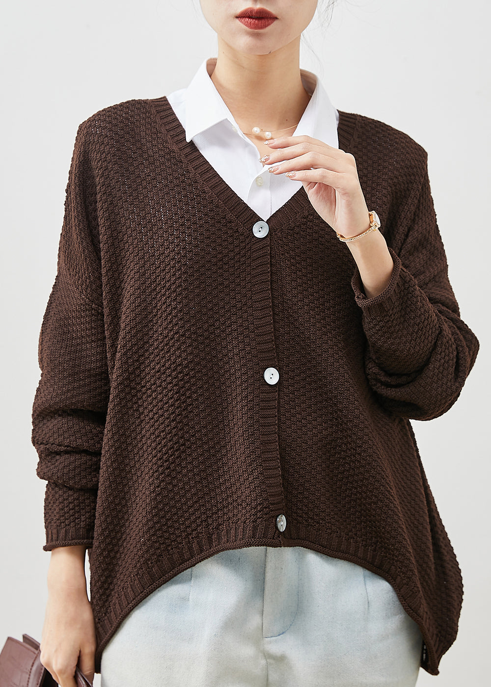 Brown Oversized Knit Loose Coat V Neck Spring YU1040 Ada Fashion