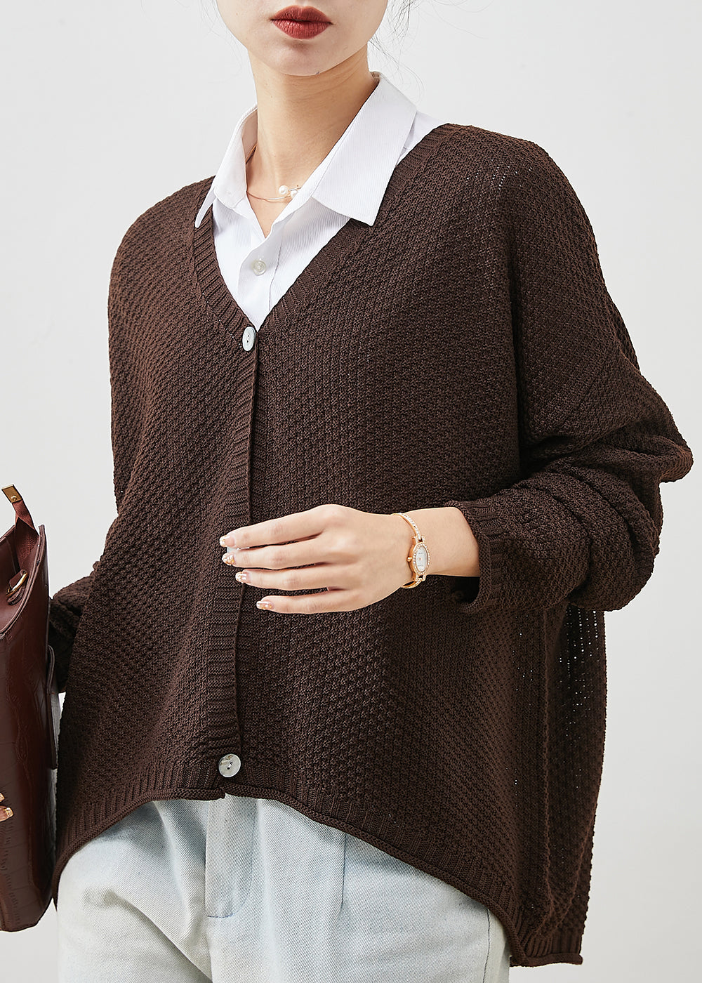 Brown Oversized Knit Loose Coat V Neck Spring YU1040 Ada Fashion