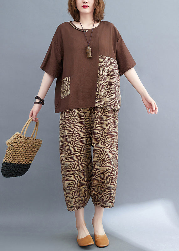Two Print Summer Patchwork Set Brown Cotton Piece Asymmetrical FashionChic