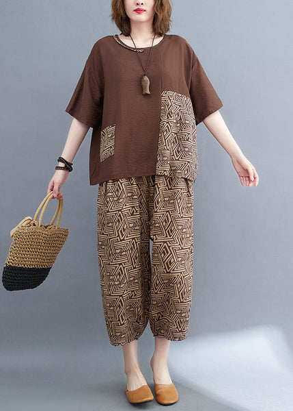 Two Print Summer Patchwork Set Brown Cotton Piece Asymmetrical FashionChic