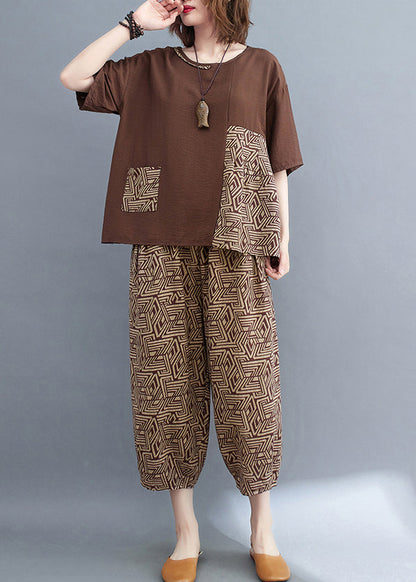 Two Print Summer Patchwork Set Brown Cotton Piece Asymmetrical FashionChic