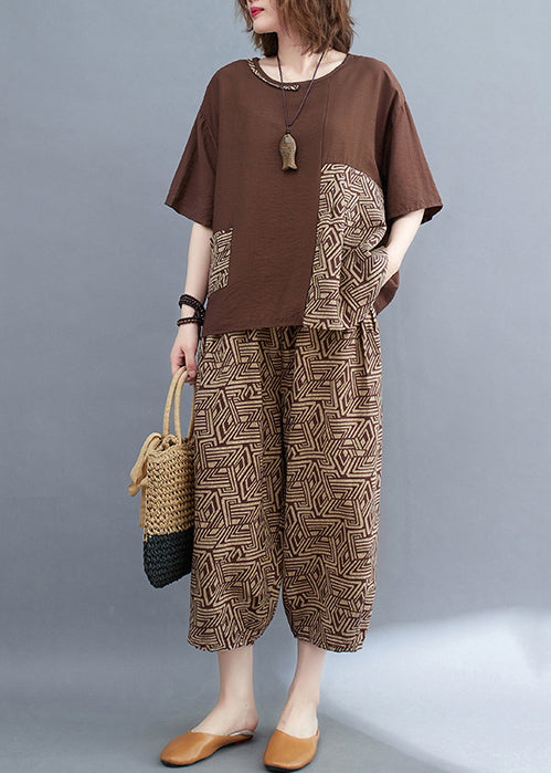 Two Print Summer Patchwork Set Brown Cotton Piece Asymmetrical FashionChic