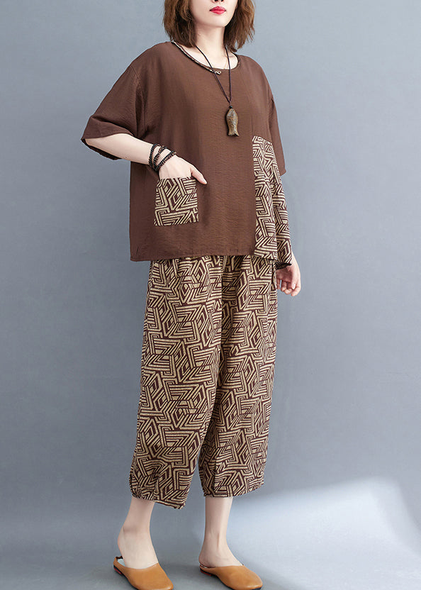 Two Print Summer Patchwork Set Brown Cotton Piece Asymmetrical FashionChic
