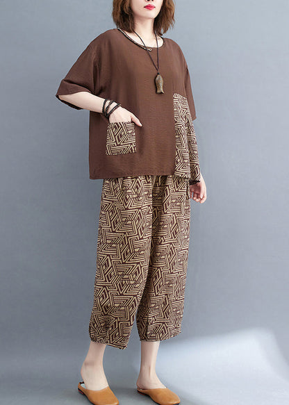 Two Print Summer Patchwork Set Brown Cotton Piece Asymmetrical FashionChic