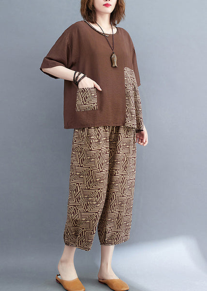 Two Print Summer Patchwork Set Brown Cotton Piece Asymmetrical FashionChic