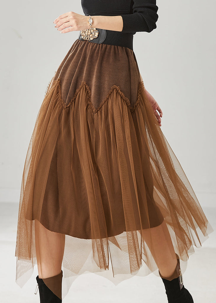 Brown Patchwork Tulle Corduroy Skirt Elastic Waist Spring YU1026 Ada Fashion